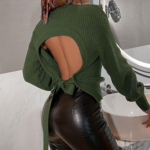 women's sweaters fashion backless sweater green full sleeve lace-up women hollow out round collar chic slim 2021 fall winter stree, White;black
women's sweaters fashion backless sweater green full sleeve lace-up women hollow out round collar chic slim 2021 fall winter stree, White;black