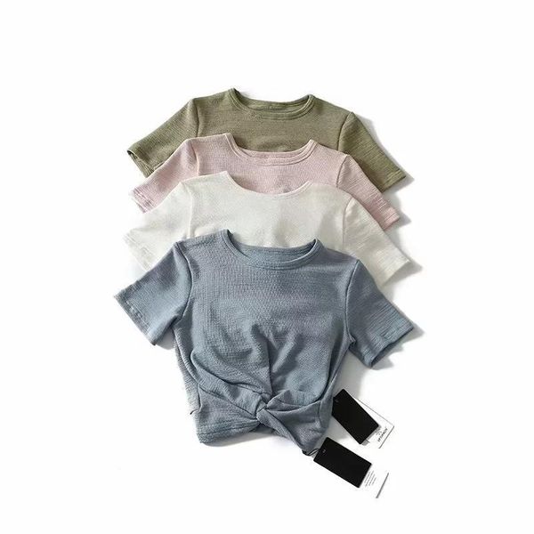 summer o neck crop women t shirt knotted hem knitting casual slinky short sleeve solid color femme, White
summer o neck crop women t shirt knotted hem knitting casual slinky short sleeve solid color femme, White