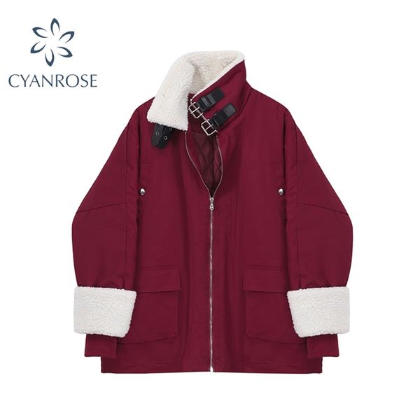 red sheepskin coat women turtleneck bandage design winter zipper lamb wool jacket outwear female oversize streetwear 210430, Black;brown
red sheepskin coat women turtleneck bandage design winter zipper lamb wool jacket outwear female oversize streetwear 210430, Black;brown