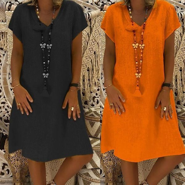 plus size cotton linen casual women dress loose summer short sleeve t shirt fashion v neck clothes t2p, Black;gray
plus size cotton linen casual women dress loose summer short sleeve t shirt fashion v neck clothes t2p, Black;gray
