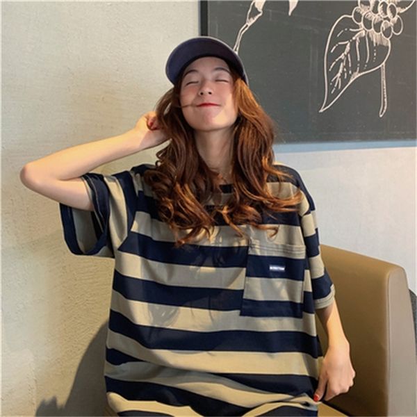 casual loose basic striped pocket simple college wind short sleeve o-neck summer spring women t-shirts 210426, White
casual loose basic striped pocket simple college wind short sleeve o-neck summer spring women t-shirts 210426, White