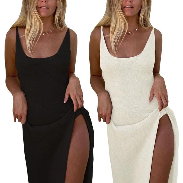 casual dresses solid color knitted beach dress women close-fitting backless slip u-shaped collar sleeveless high slit long vestido, Black;gray
casual dresses solid color knitted beach dress women close-fitting backless slip u-shaped collar sleeveless high slit long vestido, Black;gray