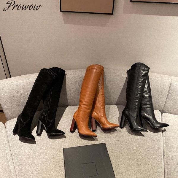 boots prowow winter shoes women knee high genuine leather heels pointed toe slip on, Black
boots prowow winter shoes women knee high genuine leather heels pointed toe slip on, Black