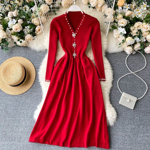 women french retro knitted dress v neck pearl button long sleeve a-line dress autumn winter elegant solid sweater dress 210419, Black;gray
women french retro knitted dress v neck pearl button long sleeve a-line dress autumn winter elegant solid sweater dress 210419, Black;gray