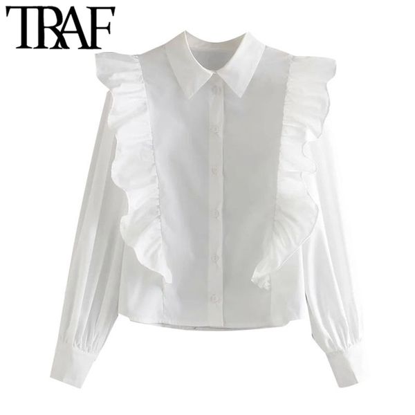 women fashion with ruffle trim blouses vintage long sleeve button-up female shirts blusas chic 210507, White
women fashion with ruffle trim blouses vintage long sleeve button-up female shirts blusas chic 210507, White