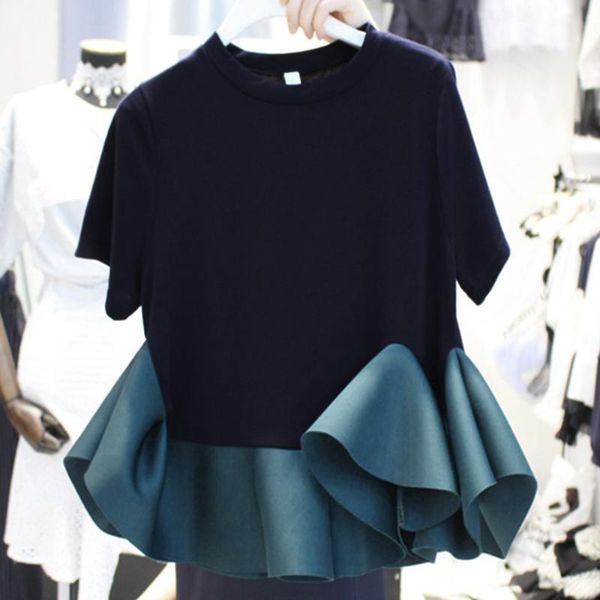 women's t-shirt color scheme simple tshirt round neck short sleeves fashion summer ruffled hem stitching, White
women's t-shirt color scheme simple tshirt round neck short sleeves fashion summer ruffled hem stitching, White