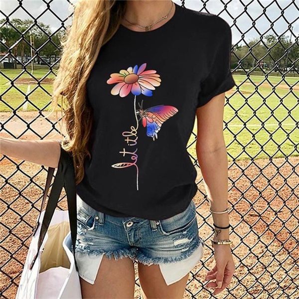 women's t-shirt spring summer -selling casual small daisy butterfly printing round neck short sleeve loose hedging top, White
women's t-shirt spring summer -selling casual small daisy butterfly printing round neck short sleeve loose hedging top, White
