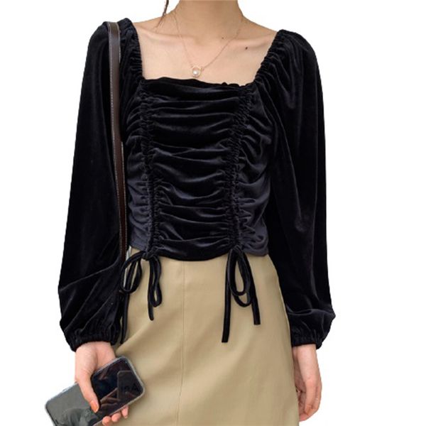women square neck lantern sleeve velvet drawstring pleated lady puff b3001 210514, White
women square neck lantern sleeve velvet drawstring pleated lady puff b3001 210514, White