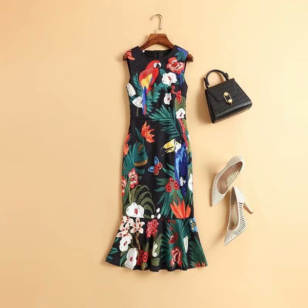 dress spring summer women o-neck cute birds flower print midi party mermaid dress sleeveless vestidos, Black;gray
dress spring summer women o-neck cute birds flower print midi party mermaid dress sleeveless vestidos, Black;gray