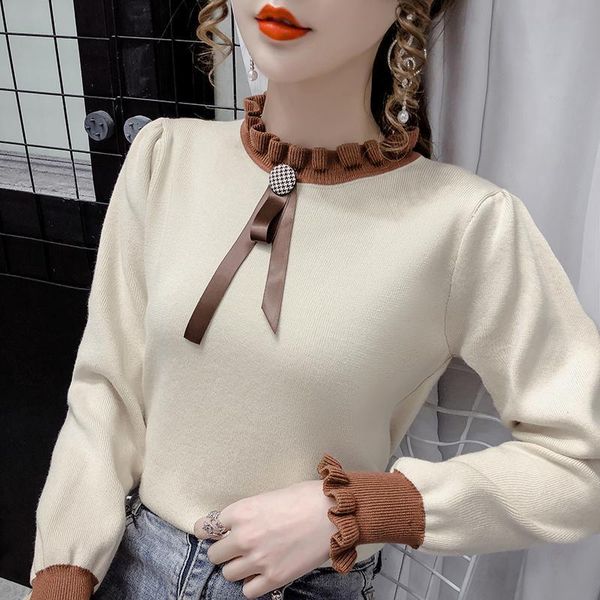 women's sweaters pullover lace-up bottoming sweater with wood ears autumn and winter 2021 style long-sleeved top, White;black
women's sweaters pullover lace-up bottoming sweater with wood ears autumn and winter 2021 style long-sleeved top, White;black