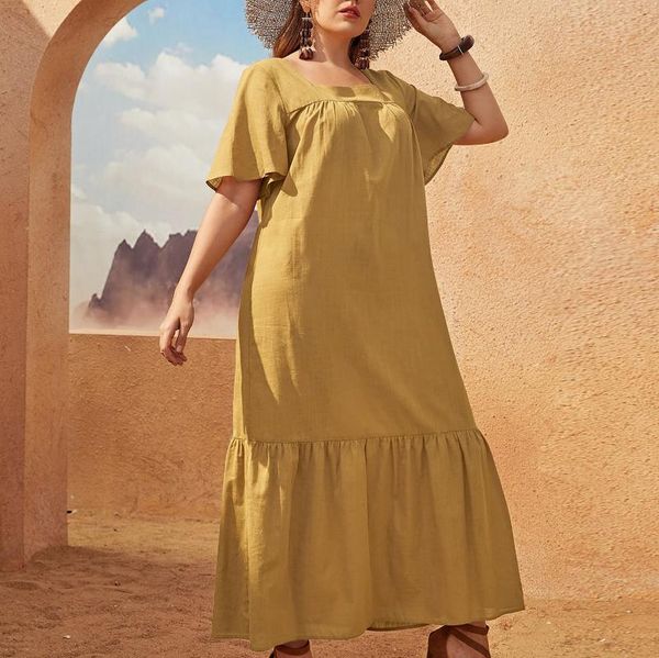 casual dresses ladies fashion dress solid color square collar short sleeve cotton linen long summer women's large size, Black;gray 
casual dresses ladies fashion dress solid color square collar short sleeve cotton linen long summer women's large size, Black;gray