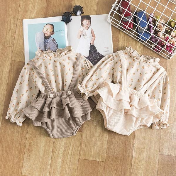 clothing sets lovely born baby girls 2pcs shorts outfits long sleeve floral print + suspender ruffles set infant cotton clothes, White 
clothing sets lovely born baby girls 2pcs shorts outfits long sleeve floral print + suspender ruffles set infant cotton clothes, White