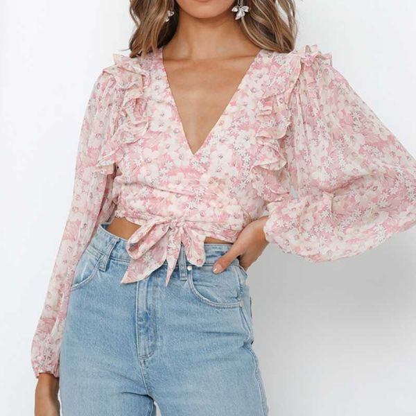 women's blouses & shirts pink shirt blouse 2021 summer women floral print long sleeve ruffle female streetwear, White