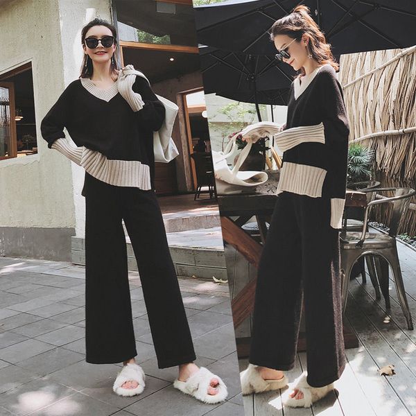 pants korea style autumn winter splicing color v-neck loose knitted and high waist wide leg pants fashion two piece set, Black;white
pants korea style autumn winter splicing color v-neck loose knitted and high waist wide leg pants fashion two piece set, Black;white