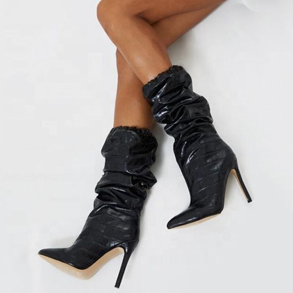 stone print big size 43 thin heel women slip-on mid-calf pile of booties comfortable pointed toe half knee high boots for ladies, Black
stone print big size 43 thin heel women slip-on mid-calf pile of booties comfortable pointed toe half knee high boots for ladies, Black