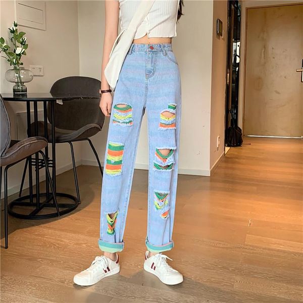 women's jeans summer color matching hole women high waist loose wide leg pants, Blue
women's jeans summer color matching hole women high waist loose wide leg pants, Blue