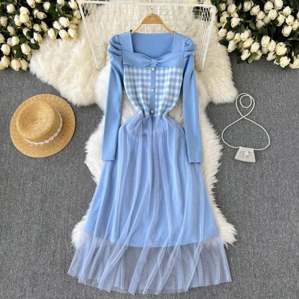 casual dresses elegant french women dress square collar long puff sleeve a-line plaid autumn winter knit splice mesh midi, Black;gray
casual dresses elegant french women dress square collar long puff sleeve a-line plaid autumn winter knit splice mesh midi, Black;gray