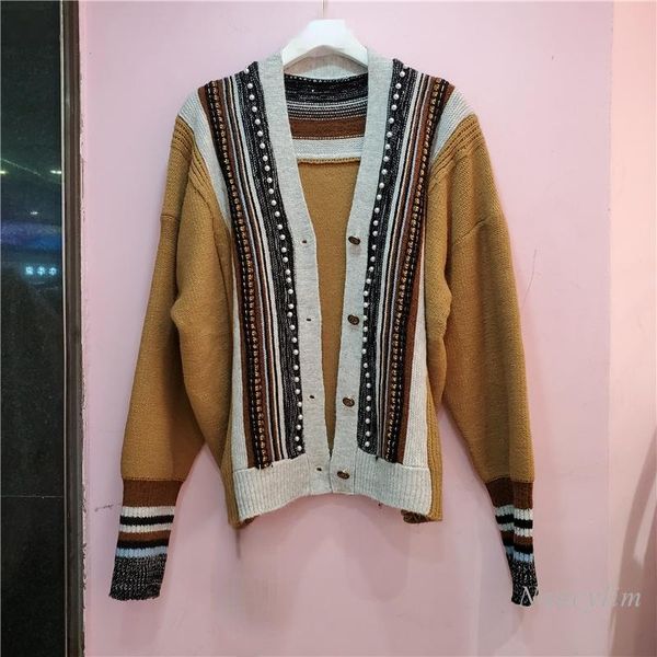 women's knits & tees european fashion cardigan women 2021 autumn knitted stripes v-neck single breasted bead long sleeve coat nancylim, White 
women's knits & tees european fashion cardigan women 2021 autumn knitted stripes v-neck single breasted bead long sleeve coat nancylim, White