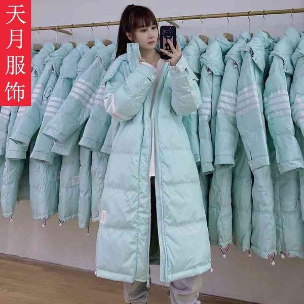 2021 winter new european loose medium and long down jacket women's hooded color matching striped white duck, Black
2021 winter new european loose medium and long down jacket women's hooded color matching striped white duck, Black