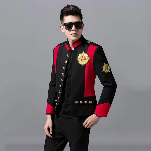 badge embroidered stand collar jacket contrast suit blazers european style gold button slim fit coat male singer host performance costume ni, White;black
badge embroidered stand collar jacket contrast suit blazers european style gold button slim fit coat male singer host performance costume ni, White;black