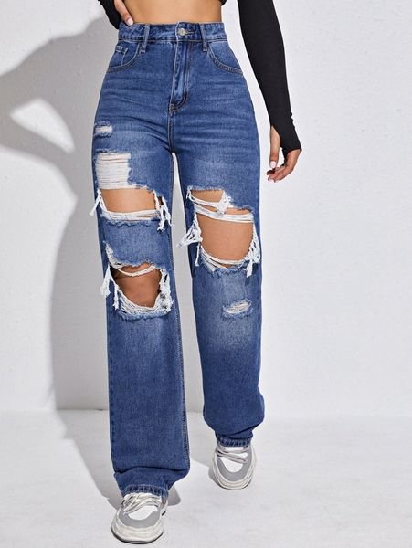 high waist ripped straight jeans m3ln#, Blue