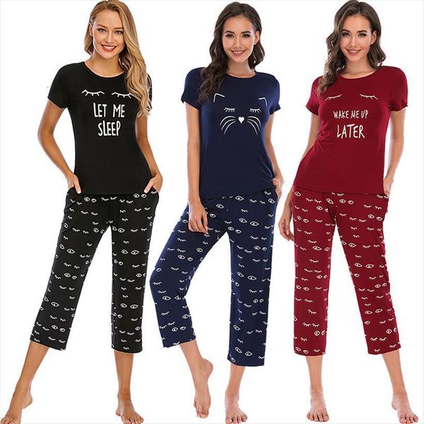 autumn pajamas printed short womens sleepwears sleeved cropped trousers round neck two piece home service for women, Black;red 
autumn pajamas printed short womens sleepwears sleeved cropped trousers round neck two piece home service for women, Black;red