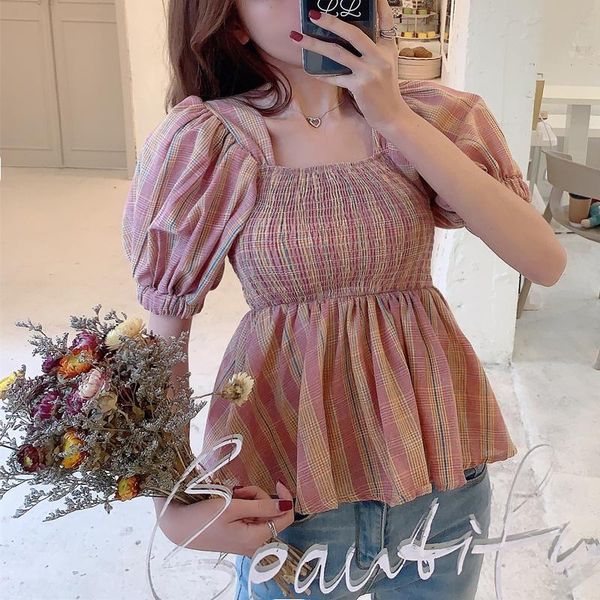 women's blouses & shirts coigarsam vintage plaid blouse women summer lantern sleeve square collar high waist blusas womens and 5090, White
women's blouses & shirts coigarsam vintage plaid blouse women summer lantern sleeve square collar high waist blusas womens and 5090, White