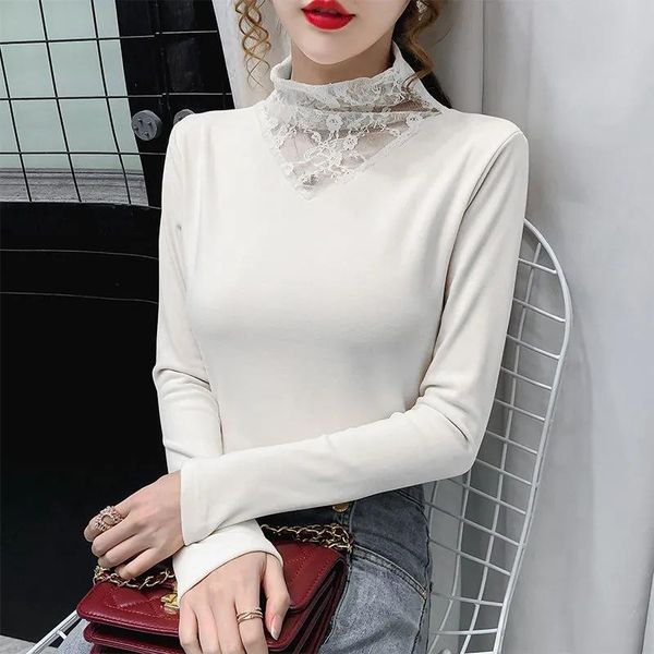 women's t-shirt tsxt half high collar lace winter 2021 hollowed-out fleece knit mesh thick multi-colour long sleeve blouse, White 
women's t-shirt tsxt half high collar lace winter 2021 hollowed-out fleece knit mesh thick multi-colour long sleeve blouse, White