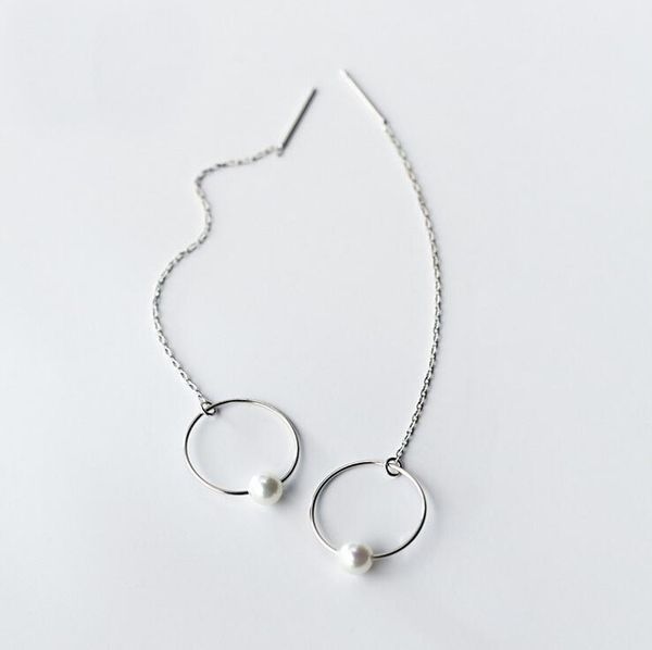 sterling silver circle faux pearl threader line thread earrings gift t18 - #21 dangle & chandelier
