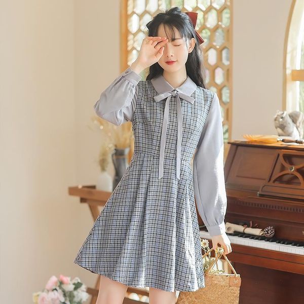 retro plaid patchwork dress female high waist bow tie lapel long sleeve loose casual women dresses, Black;gray 
retro plaid patchwork dress female high waist bow tie lapel long sleeve loose casual women dresses, Black;gray
