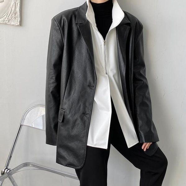 men's suits & blazers loose casual vintage fashion pu leather suit coat women oversize korean streetwear jacket blazer man, White;black
men's suits & blazers loose casual vintage fashion pu leather suit coat women oversize korean streetwear jacket blazer man, White;black