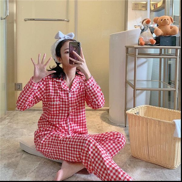pajamas sets plaid long sleeve womens sleepwears turn down collar pyjama nightwear casual homewear pants pijama, Black;red
pajamas sets plaid long sleeve womens sleepwears turn down collar pyjama nightwear casual homewear pants pijama, Black;red