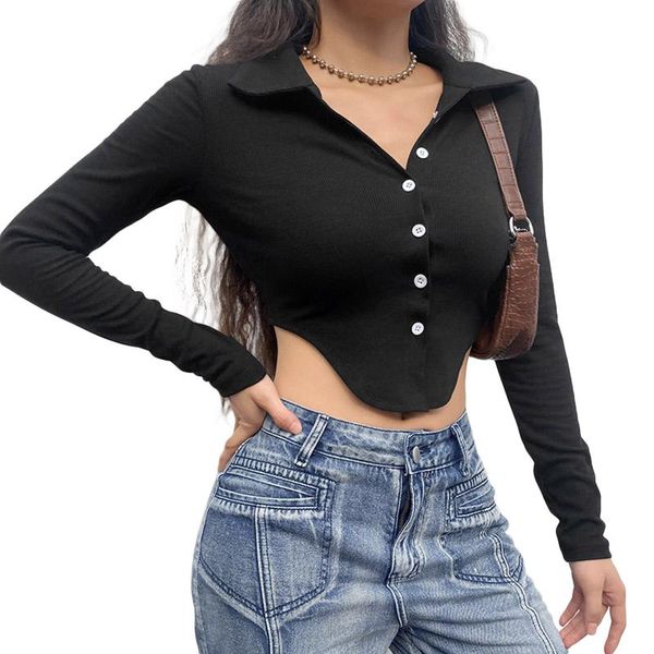 women's t-shirt ladies autumn midriff-baring leisure style black solid color lapel single-breasted long sleeve slim base shirt, White
women's t-shirt ladies autumn midriff-baring leisure style black solid color lapel single-breasted long sleeve slim base shirt, White
