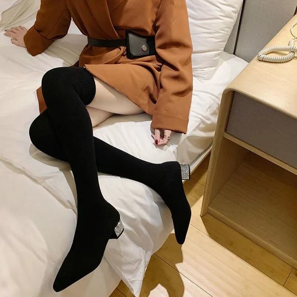 pointed toe women's over the knee sock boots knitting elastic slim female thigh high flat rhinestone heel, Black
pointed toe women's over the knee sock boots knitting elastic slim female thigh high flat rhinestone heel, Black