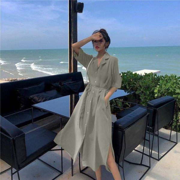 french solid slit fashion shirt women dresses spring summer vintage suit collar single breast loose slim a line lacing, Black;gray
french solid slit fashion shirt women dresses spring summer vintage suit collar single breast loose slim a line lacing, Black;gray