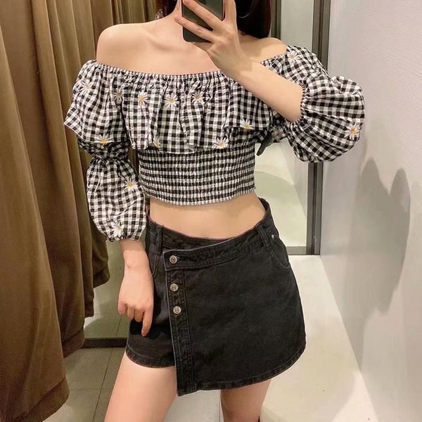 women's blouses & shirts the latest design ladies plaid print off-shoulder fashion flower embroidery, White
women's blouses & shirts the latest design ladies plaid print off-shoulder fashion flower embroidery, White