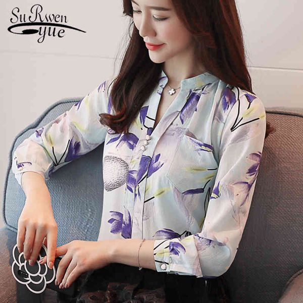 

woman blouse shirt fashion long sleeve office lady print chiffon women v neck s z0001 40 210521, White