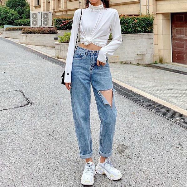 autumn and winter retro style high waist hole jeans women, street solid color was thin nine points feet ladies women's, Blue
autumn and winter retro style high waist hole jeans women, street solid color was thin nine points feet ladies women's, Blue
