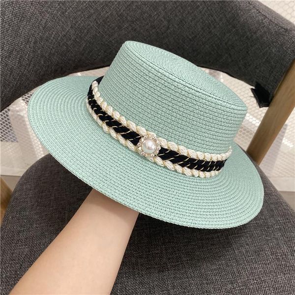 wide brim hats summer elegant retro women flat straw hat trip caps leisure beach sun pearl ribbon fedora, Blue;gray 
wide brim hats summer elegant retro women flat straw hat trip caps leisure beach sun pearl ribbon fedora, Blue;gray