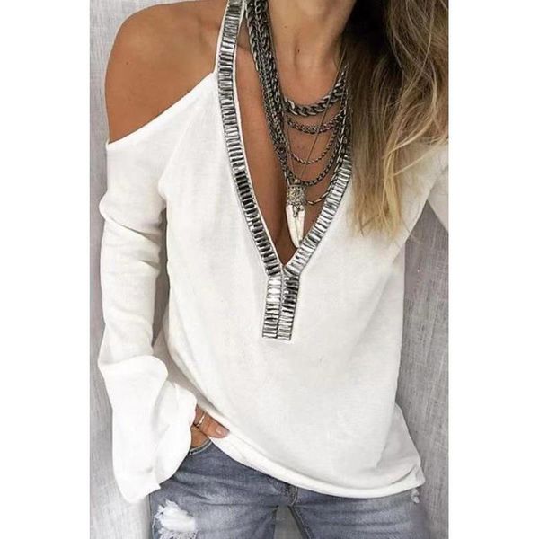 women female v-neck tee solid color sequined long-sleeved t-shirt spring/summer multicolor women's, White
women female v-neck tee solid color sequined long-sleeved t-shirt spring/summer multicolor women's, White