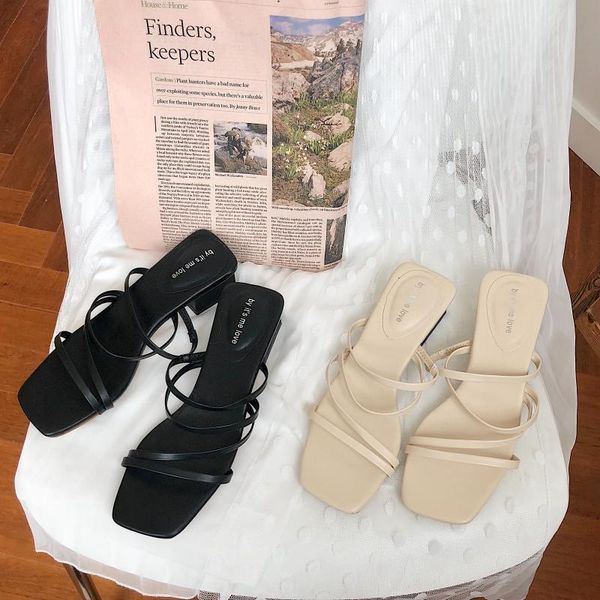 high-heeled shoes lady slippers women summer luxury slides pantofle cross-tied low square toe designer 2021 soft block fashion p, Black