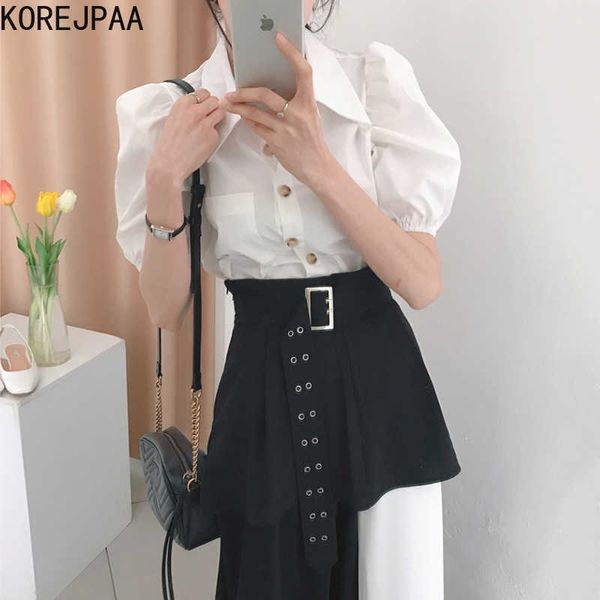 korejpaa women sets summer korean chic ladies loose lapel puff sleeve shirt high waist lace stitching fake two-piece skirt 210526, White
korejpaa women sets summer korean chic ladies loose lapel puff sleeve shirt high waist lace stitching fake two-piece skirt 210526, White