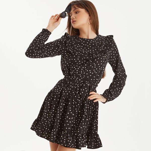 long sleeves ruffles dot print autumn dress fashion back keyhole round neck sashes a line mini dresses for women casual, Black;gray
long sleeves ruffles dot print autumn dress fashion back keyhole round neck sashes a line mini dresses for women casual, Black;gray