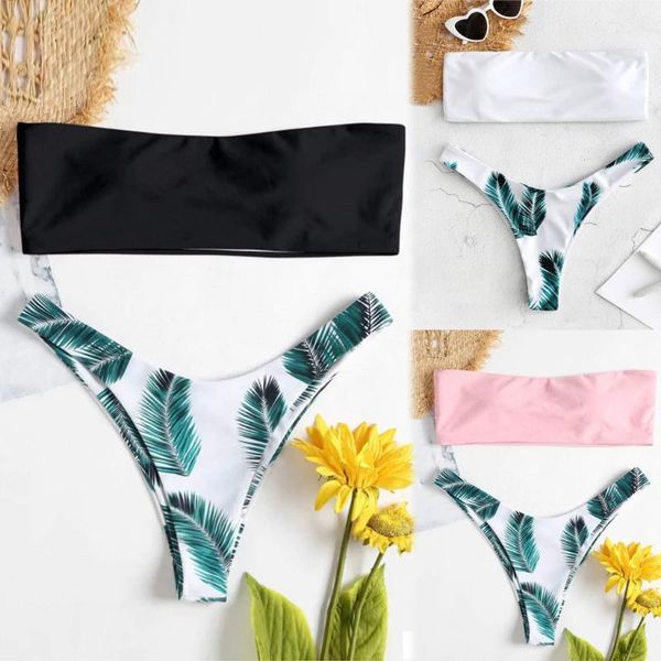 women's swimwear leaf print bandeau bikini female ribbed swimsuit women thong two-pieces micro set push up bathing suit, White;black
women's swimwear leaf print bandeau bikini female ribbed swimsuit women thong two-pieces micro set push up bathing suit, White;black