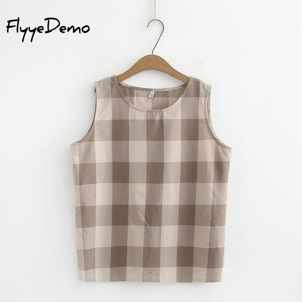 women's t-shirt women sleeveless plaid casual t shirt plus size female 2021 summer elegant o neck cotton linen tshirt high quality, White 
women's t-shirt women sleeveless plaid casual t shirt plus size female 2021 summer elegant o neck cotton linen tshirt high quality, White