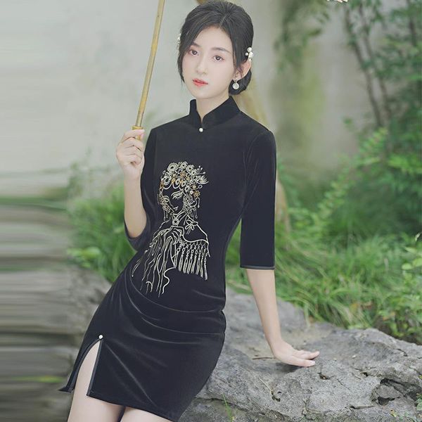 ethnic clothing elegant long sleeve black velvet embroidery qipao traditional women mandarin collar a-line cheongsam vestidos, Red
ethnic clothing elegant long sleeve black velvet embroidery qipao traditional women mandarin collar a-line cheongsam vestidos, Red