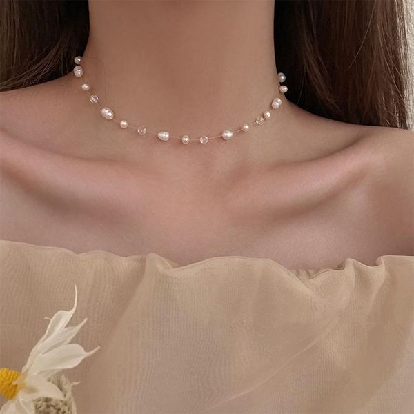 chokers simple fish line baroque freshwater pearl necklace for women female statement choker accessories, Golden;silver 
chokers simple fish line baroque freshwater pearl necklace for women female statement choker accessories, Golden;silver