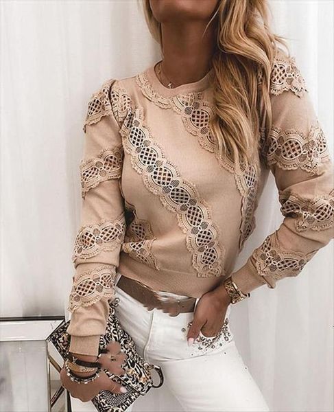 ol round neck womens shirt long sleeve lace stitching knitted party ruffle hollow out blouses, White
ol round neck womens shirt long sleeve lace stitching knitted party ruffle hollow out blouses, White