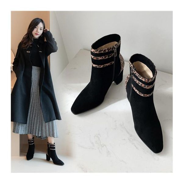 boots 2021european and american size women's suede leopard print ankle buckle thick heel high office short boots33-43, Black
boots 2021european and american size women's suede leopard print ankle buckle thick heel high office short boots33-43, Black