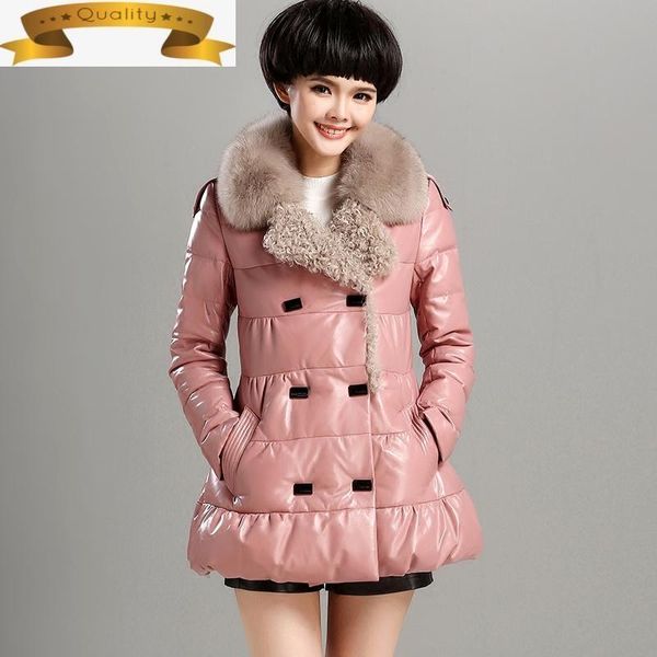 women's leather & faux womans down genuine sheepskin jacket fur collar winter coat chaqueta 2301 kj1723, Black
women's leather & faux womans down genuine sheepskin jacket fur collar winter coat chaqueta 2301 kj1723, Black